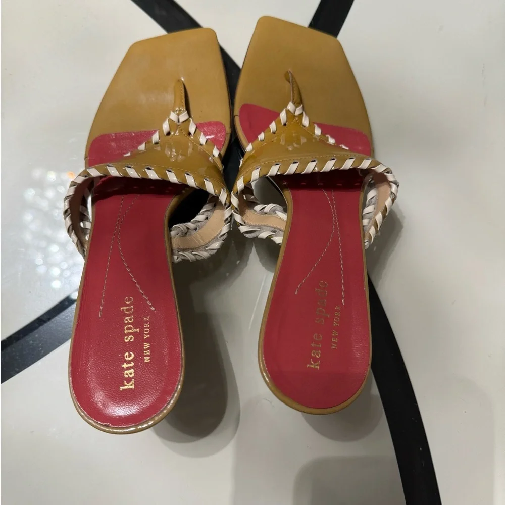 Kate Spade Tan and Red Mule Sandals with Braided Trim - Picture 5 of 6
